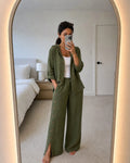 Vacation Linen Cotton Slit Loose Wide Leg Pants + Top 2-Piece Set