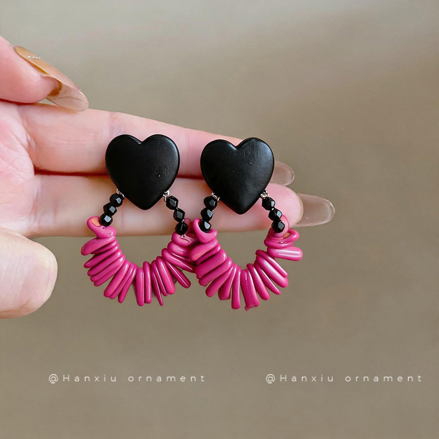 Vintage Wooden Heart Glass Bead Stud Earrings - view 4