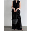 Summer Casual Elegant Sleeveless Stand Collar Waist-Tie Wide Leg Pants + Top 2-Piece Set