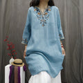 Vintage Linen Embroidered Shirt Dress - Mid-Length Casual Blouse Dress Women