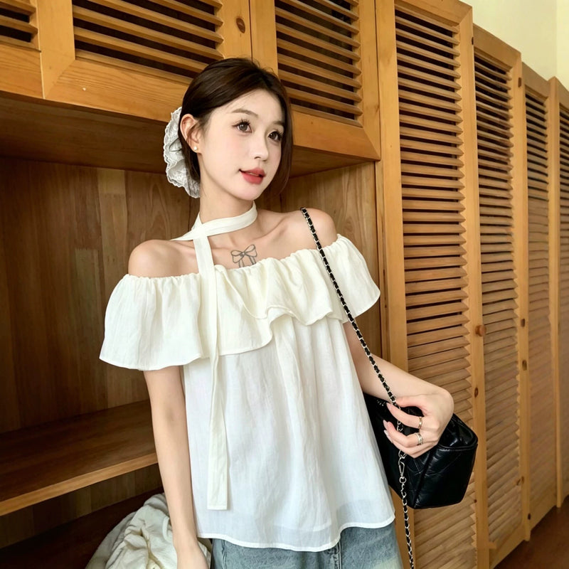 Summer Korean Elegant Off-Shoulder Boat Neck Ruffle Shirt