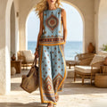 Women's Bohemian Ethnic Sleeveless Printed Color-Block Set 2026 - Pink