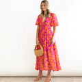 Printed V-Neck Puff Sleeve Bohemian Fitted Beach Dress