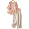 Summer Casual Fashion Linen Cotton Embroidered Wide Leg Pants + Pants + Top Set