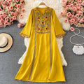 Women's Fall Ethnic Vacation Embroidered V-Neck Waist-Tie Swing Dress + Long Skirt + - Yellow