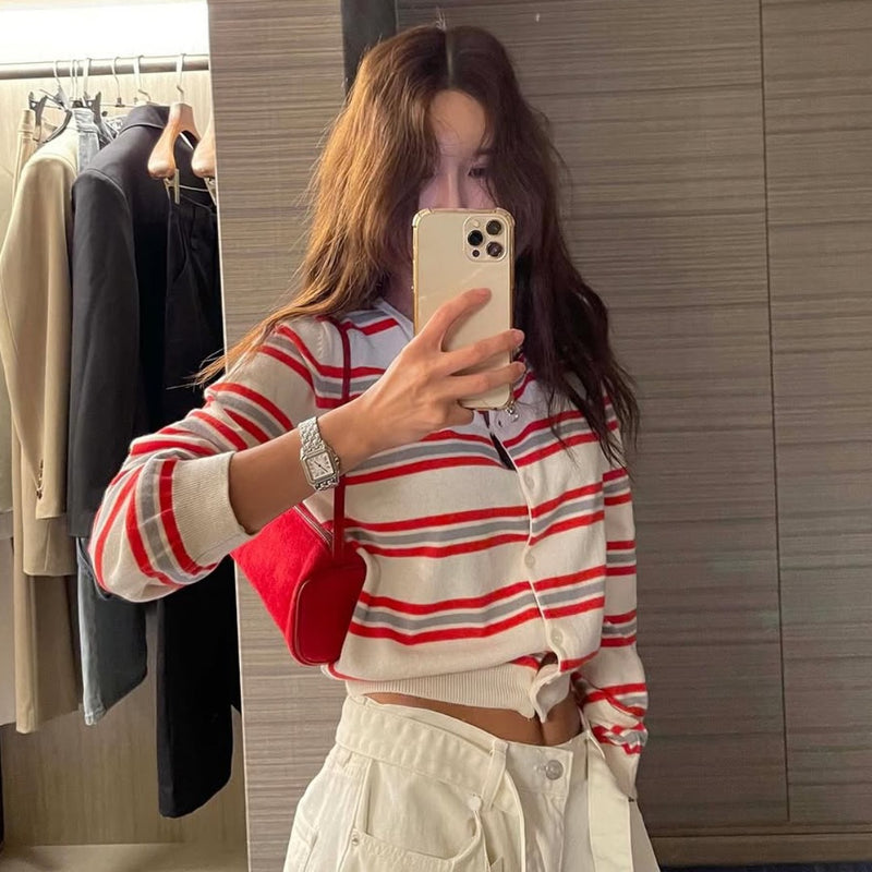 Women's Spring Korean Gentle Knit Striped Color-Block Cardigan + Jacket 2026 - Navy
