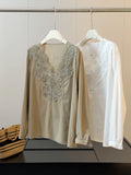 Summer French Lace Long Sleeve V-Neck Patchwork Heavy Shirt