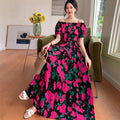 Rayon Floral Off-Shoulder Elastic Waist Bohemian Beach Dress
