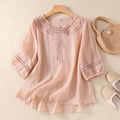 Women's Summer Artistic Retro Linen Cotton Embroidered Crew Neck Lightweight Loose Sh - Pink