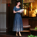 Square Collar Retro Denim Heavy Embroidery A-Line Dress 82693