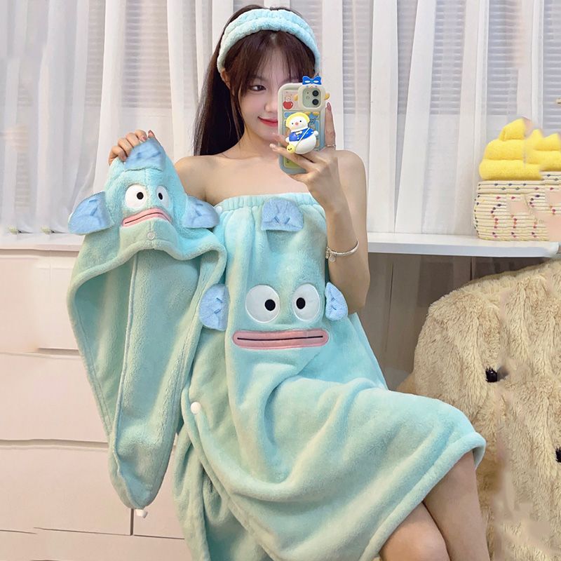 卡通珊瑚绒浴巾女加厚吸水毛巾速干居家日用干发帽可穿可裹浴裙