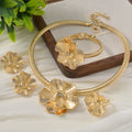 India Bride Bead Gem Heavy-Duty Spiral Folded Cuff 3D Petal Necklace Bangle Ring Earrings Set Gown Set