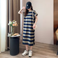 Cotton Embroidered Striped T-Shirt Dress, Loose Long Dress