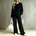 Fall-Winter Casual Fashion Knit Long Sleeve Wide Leg Pants + Top 2-Piece Set