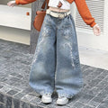 Girls' Short Knit Hoodie Tank Embroidered Jeans Three-Piece Set