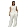 Office Casual Sleeveless Crew Neck Tie-Front Wide Leg Pants + Cardigan + Tank Top 2-Piece Set