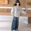 Girls' Crew Neck Hoodie and Jeans Two-Piece Set