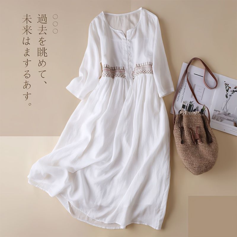 Cotton Ethnic Embroidered Crew Neck 3/4 Sleeve Mid-Length Dress