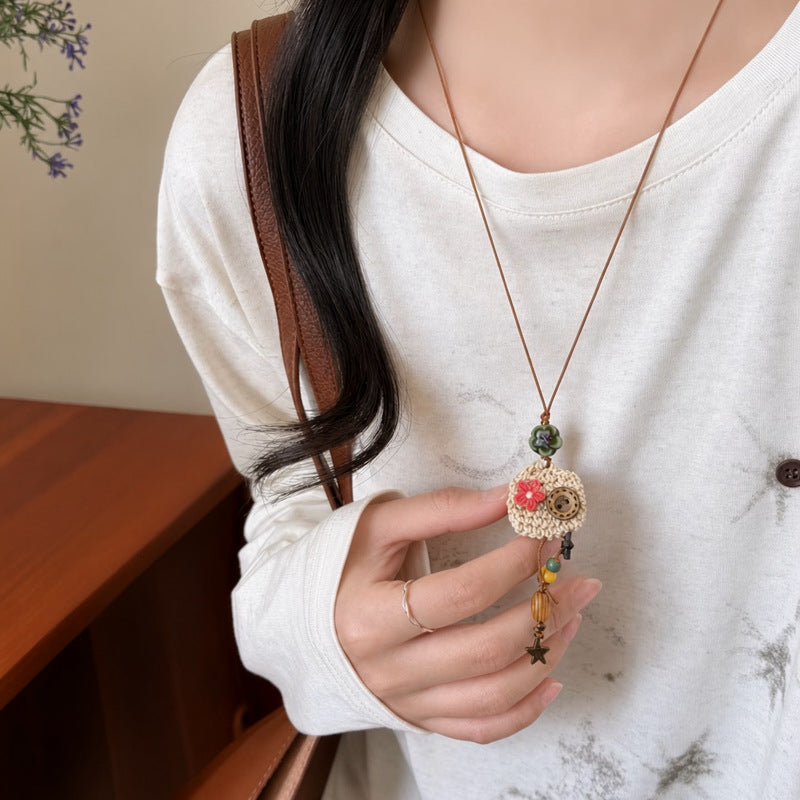 Bohemian Woven Straw Hat Pendant Necklace - view 7