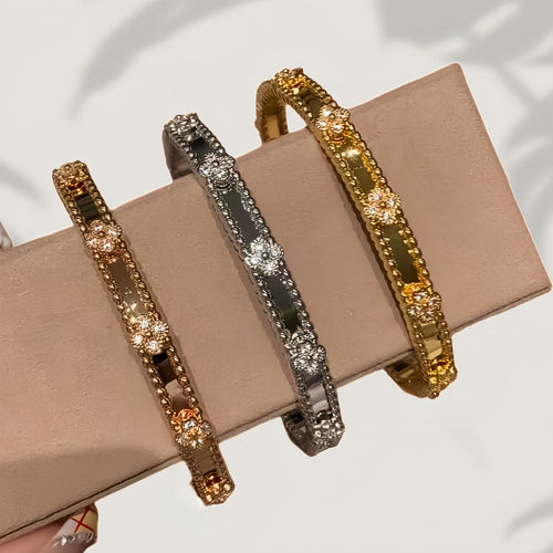 Classic 10K Flower Tube Bangle Light Luxury Premium Crystal Cubic Zirconia Four Leaf Clover Flower Bracelet Commute Elegant Jewelry Item