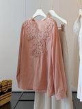 Summer Slimming Linen Cotton Lace Long Sleeve V-Neck Patchwork Heavy Shirt