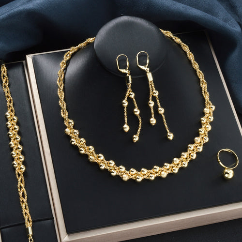 Export Accessory Stock Wholesale Bean Beaded Necklace Bracelet Set Earrings Ring 4-Piece Set Fashionable Light Luxury