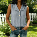 Summer Casual Linen Cotton Sleeveless V-Neck Lapel Collar Loose Shirt + Tank Top