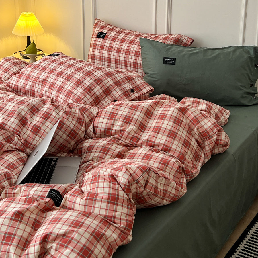 Cherry Soda Plaid Cotton 4-Piece Bedding Set with Button Closure - view 3