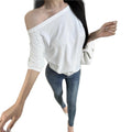 Off-Shoulder Oversized T-Shirt - Casual Solid Color Irregular Hem Short Sleeve Top