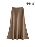 Fall French Elegant Satin High Waist Drapey Skirt