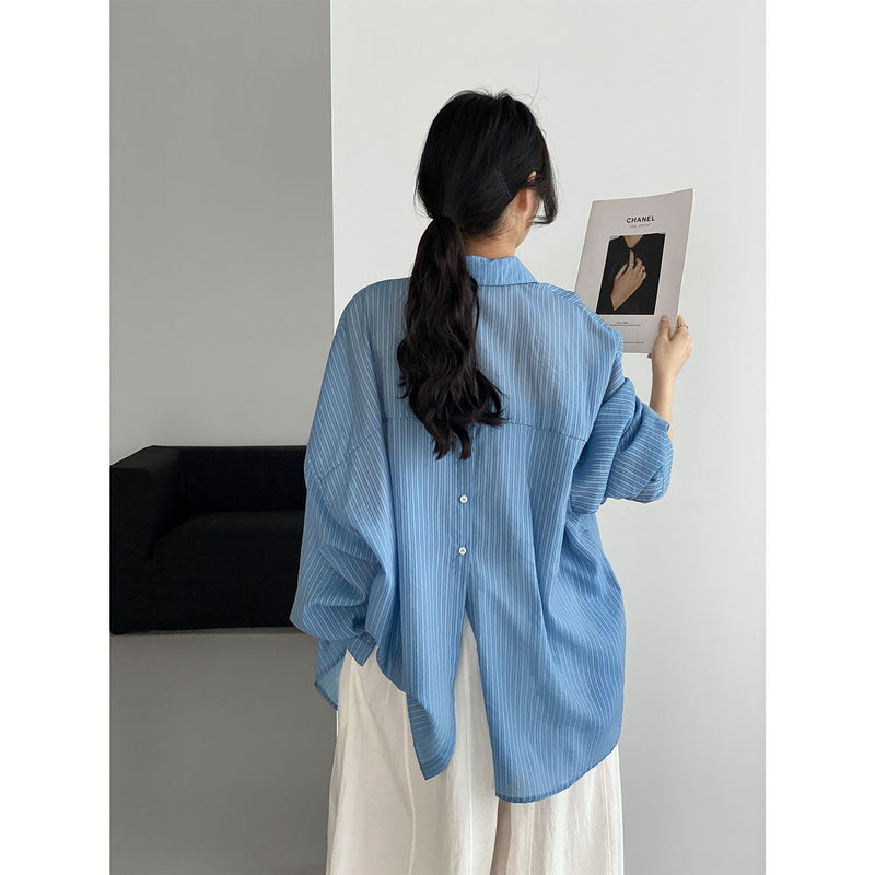 Summer Korean Casual Tencel Long Sleeve Slit Striped Sun-Protection Shirt + Jacket