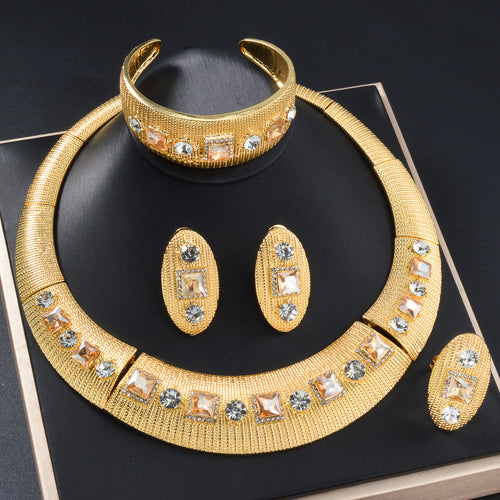 Retro Imperial Breeze Moon Shape Rhinestone Necklace Bangle Ring Earrings Women Fashionable Set ins Statement Jewelry