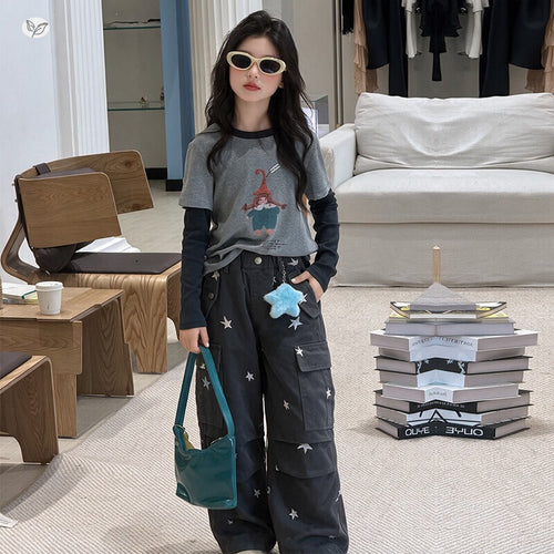 Girls' Cartoon Print Tee & Star Pocket Cargo Pants Set