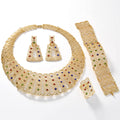 Overseas Dubai Gold 18K Statement Geometric Cutout Mini Set Colorful Crystal Necklace Bracelet Set Earrings Ring Middle East Set Women