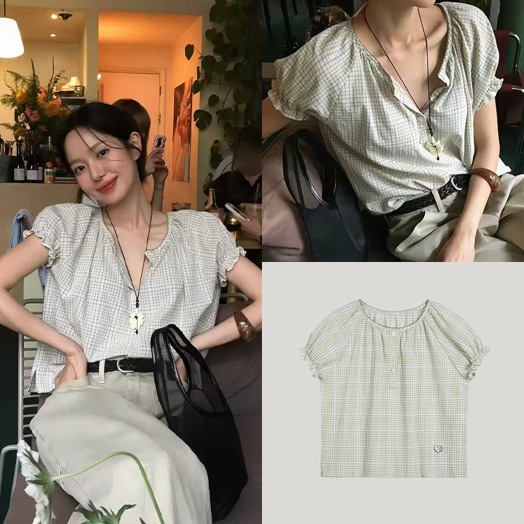 Summer Korean Puff Sleeve Plaid Shirt
