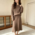 Fall-Winter Elegant Minimal Knit Wool Crew Neck Loose Skirt + Sweater + Top 2-Piece Set
