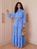 Fall Gentle Lantern Sleeve Crew Neck High Waist Fitted Shirt + Skirt Set