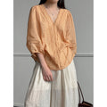 Summer Korean French Ramie Lace V-Neck Shirt