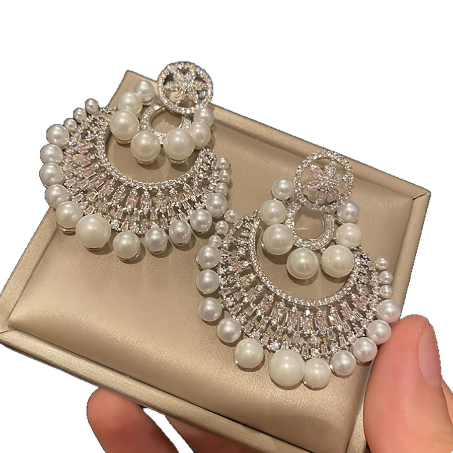 Rhinestone Flower Pearl Statement Earrings - view 5