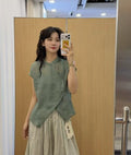 Summer Korean Artistic Ramie Mini Flutter Sleeve Stand Collar Diagonal Placket Lightweight Shirt