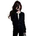 Women's Fall Korean Elegant Knit Wool Crystal Cropped Sweater + Cardigan + Jacket + T - Black