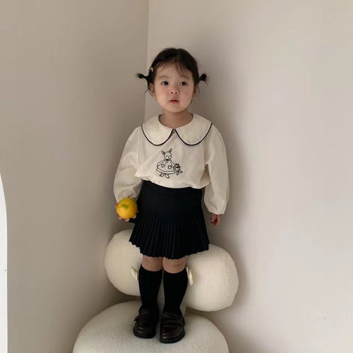 Girls' Bunny Embroidery Shirt and Pleated Skirt Set