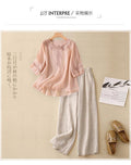 New Chinese Ethnic Linen Cotton Short Sleeve Wide Leg Pants + Top Set