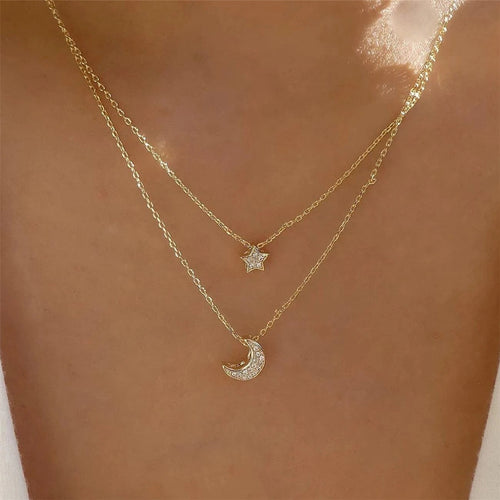New Import Full Diamond Moon Five-Point Star Pendant Necklace Creative Retro Elegant Multi-Layer Clavicle Chain Women N6241