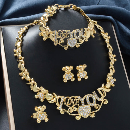 Overseas Accessory Bear ILOVEYOU Rhinestone Necklace Bracelet Set Earrings Ring Set Bride Romantic Jewelry
