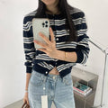 Women's Spring Korean Gentle Knit Striped Color-Block Cardigan + Jacket 2026 - Navy