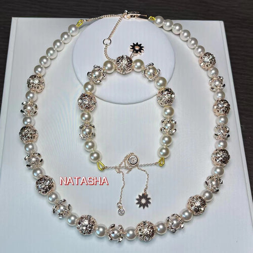 Cyan Island French New Ball Shape Crystal Pearl Spliced Necklace Beaded Bracelet Premium Elegant Light Luxury Set