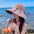 新款夏季百搭户外遮阳帽大帽檐渔夫帽便携防晒太阳帽蝴蝶结女士帽