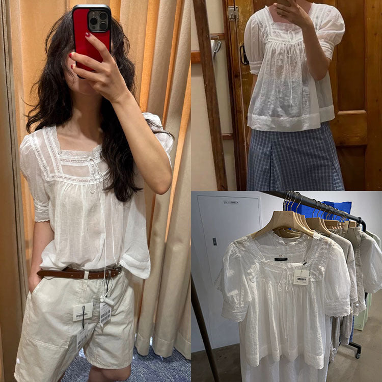 Summer Korean Lace Short Sleeve Square Neck Tie-Front Patchwork Shirt