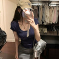 ins pure lust style short-sleeved slim u-neck bottoming short t-shirt women's clavicle-exposing low-